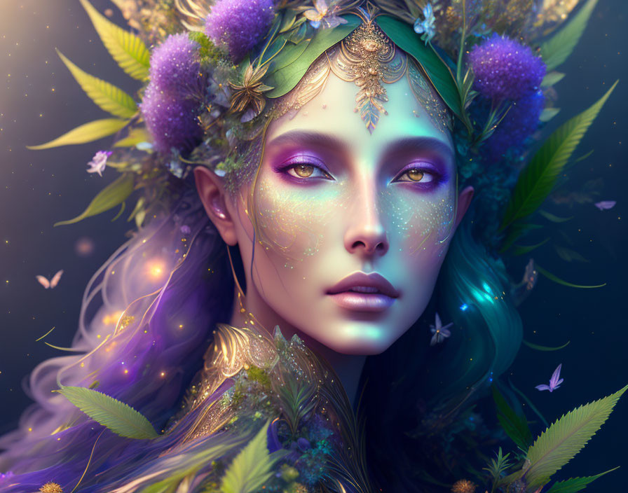 Portrait of female with floral elements, butterflies, luminous skin, and ethereal vibes