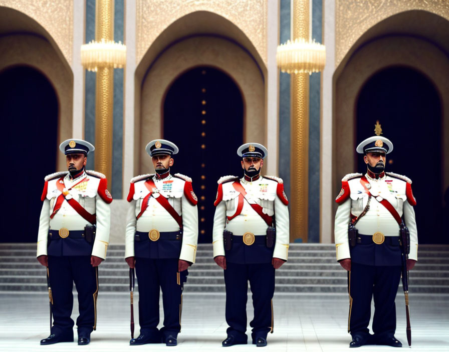 Ceremonial guards in uniform at attention in front of ornate building