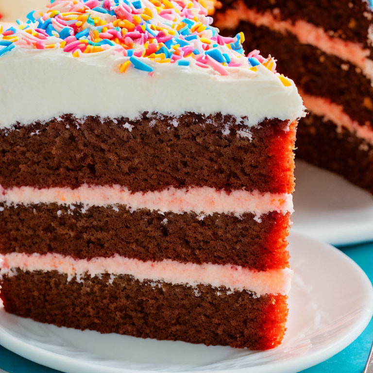 Layered Chocolate Cake with White Frosting and Sprinkles on White Plate