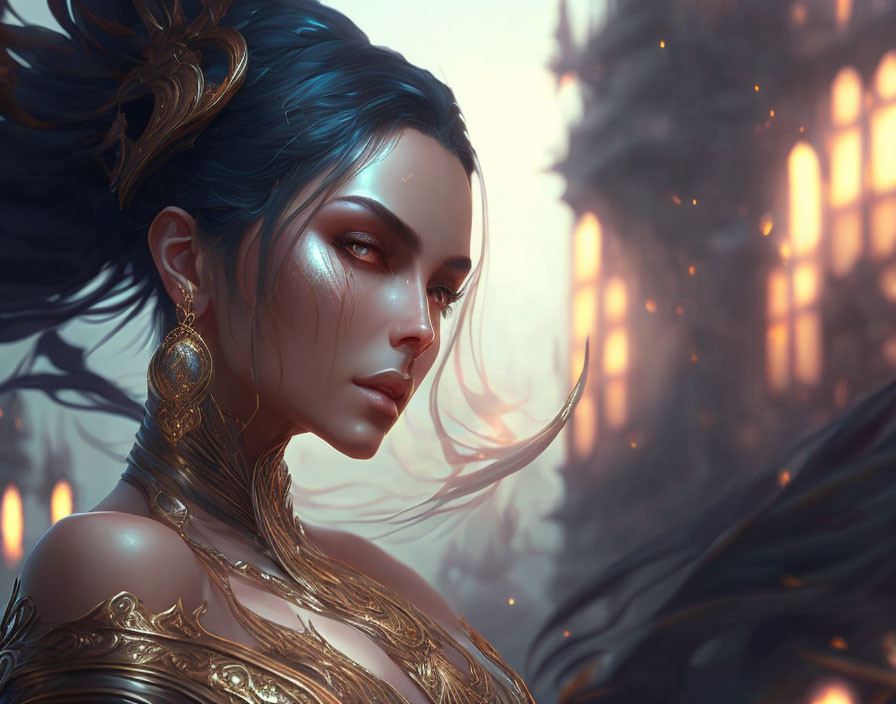 Digital art portrait of woman with blue hair and golden armor in fiery background