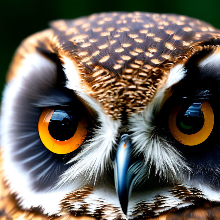 Brown and White Owl with Orange Eyes and Sharp Beak on Green Background