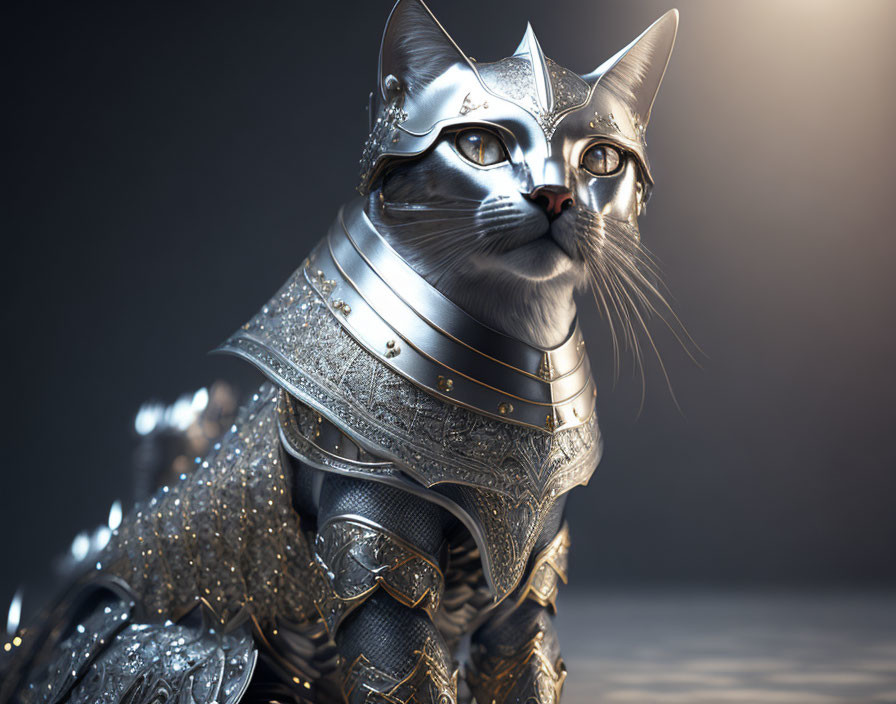 Digital artwork: Cat in medieval armor with intricate designs
