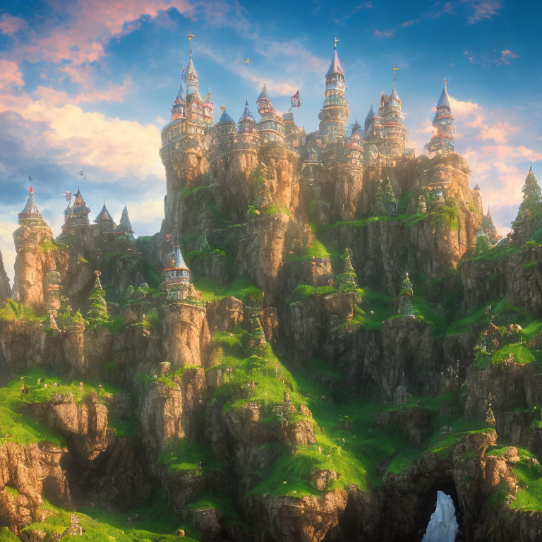Fantasy castle on rugged cliffs with spires, greenery, waterfalls, cloudy sky