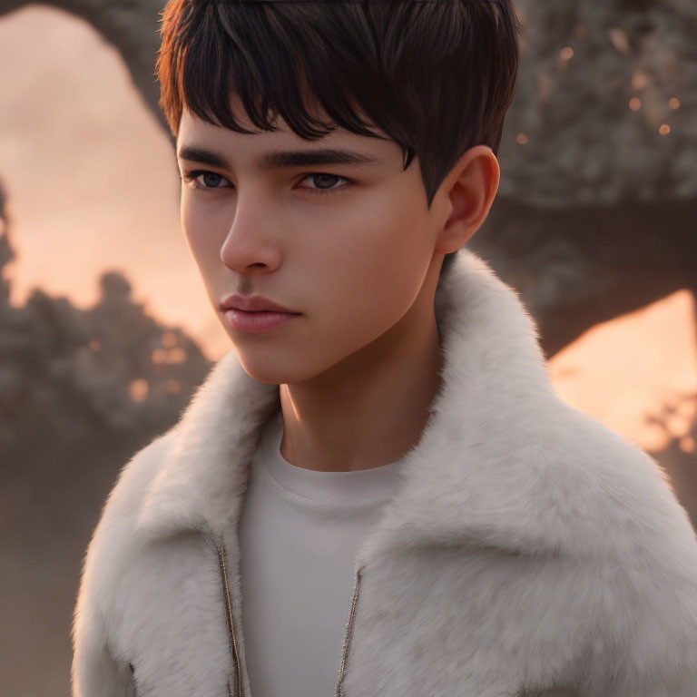 Digital artwork of young person with dark hair in white fur jacket against blurred backdrop