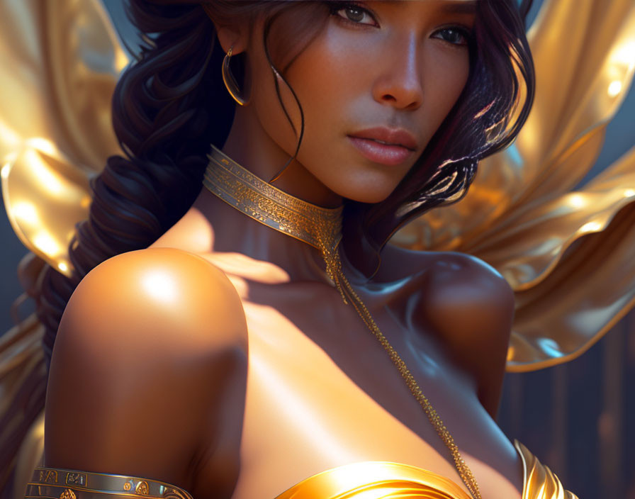 Close-up of woman with golden jewelry and mystical aura against ornate backdrop.