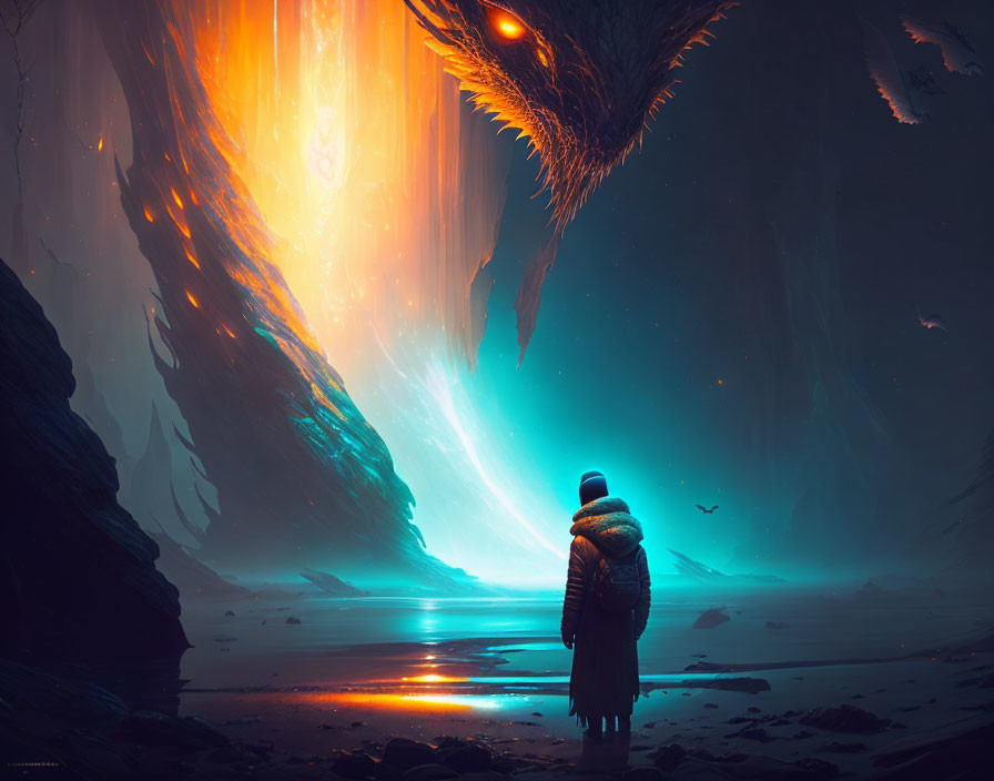 Person in heavy coat faces giant luminous creature in alien landscape