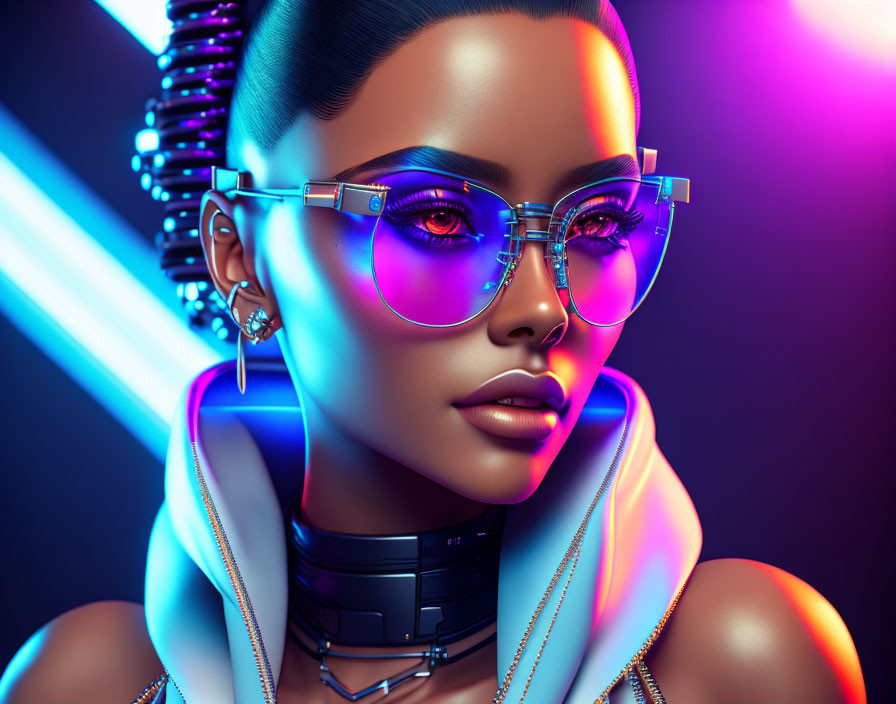 Futuristic female character with blue and purple shades, reflective glasses, earrings, and high-tech ch