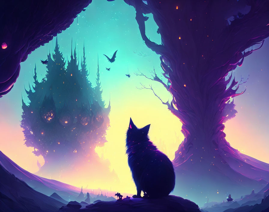 Silhouetted cat in twilight with vibrant sky and floating islands