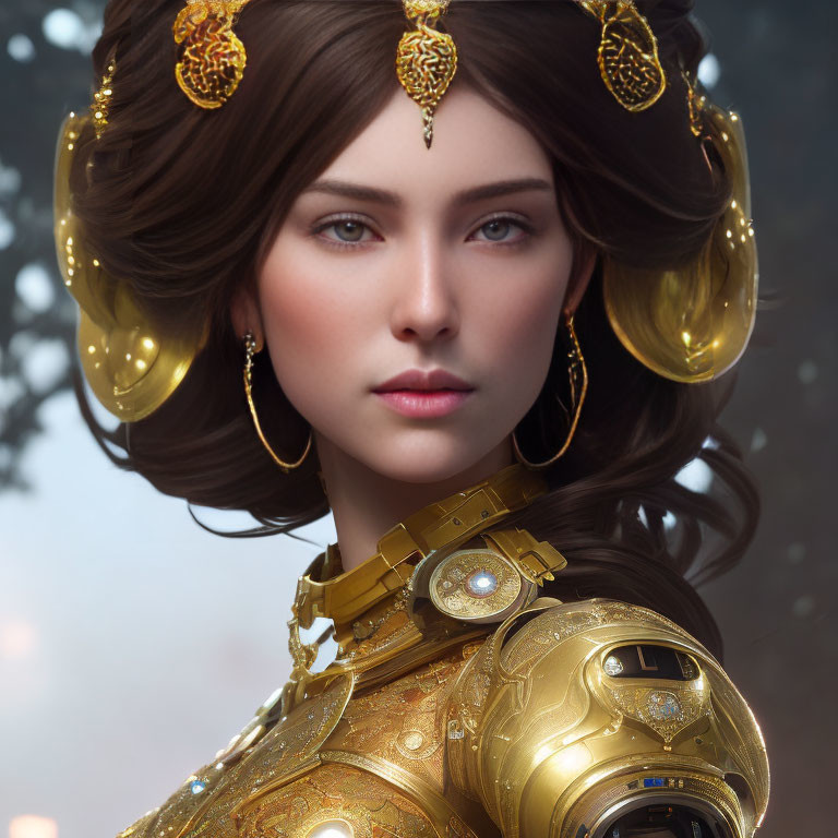 Portrait of Woman with Striking Brown Eyes in Ornate Golden Jewelry and Armor