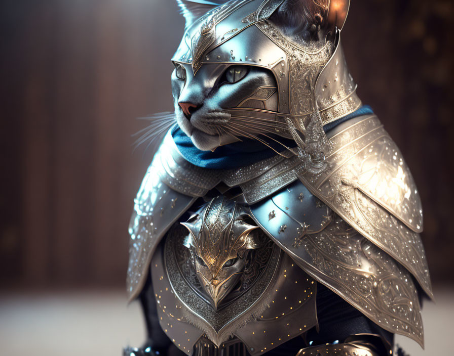 Digital artwork: Cat in silver knight armor with blue scarf on blurred background