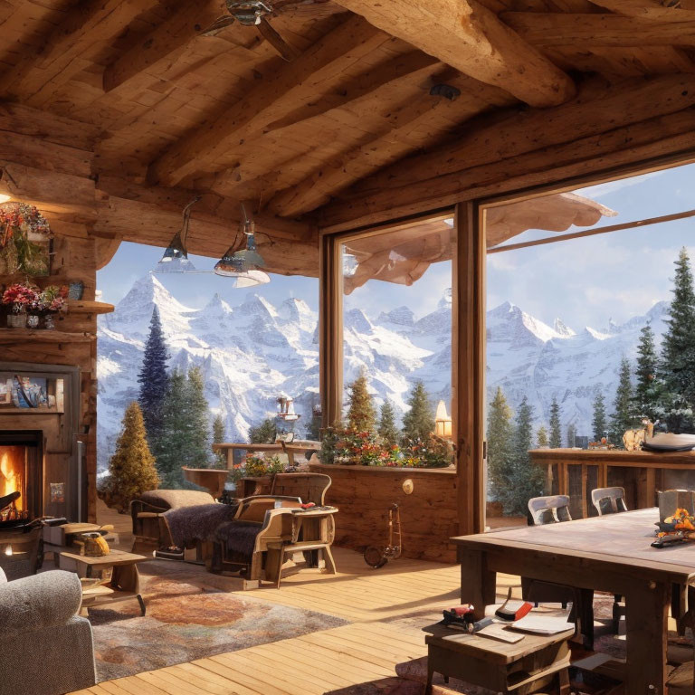 Rustic cabin interior with fireplace, comfy furniture, snowy mountain view