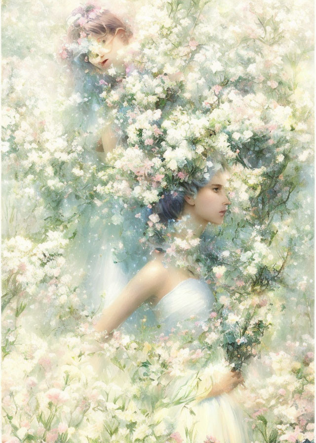 Ethereal women in dreamy haze with pastel flowers