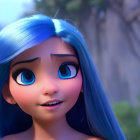 Vibrant animated character with blue hair and necklace in nature setting