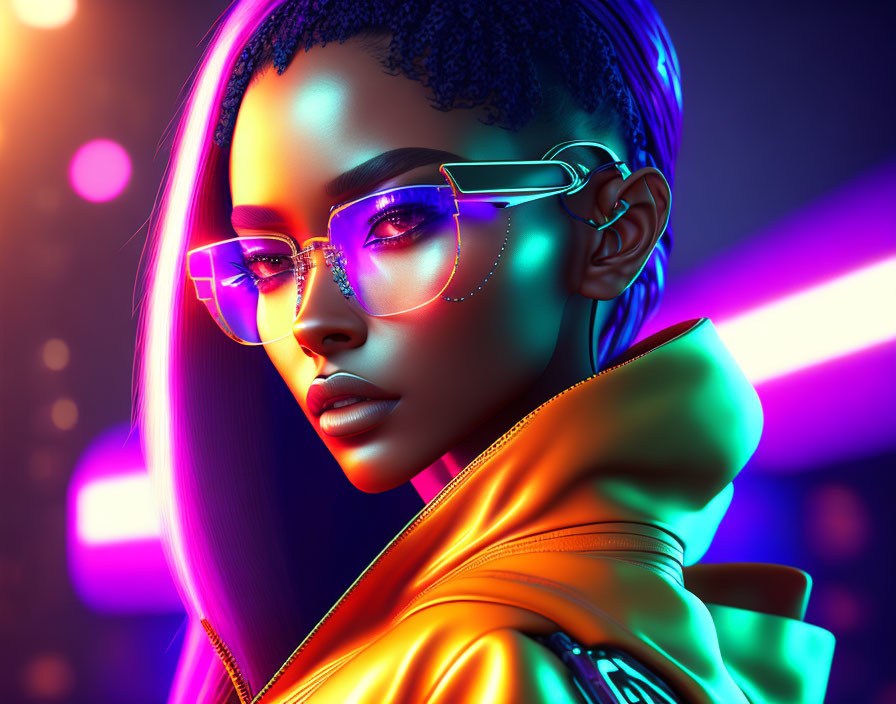Vibrant digital artwork of a woman with neon-lit skin and futuristic glasses