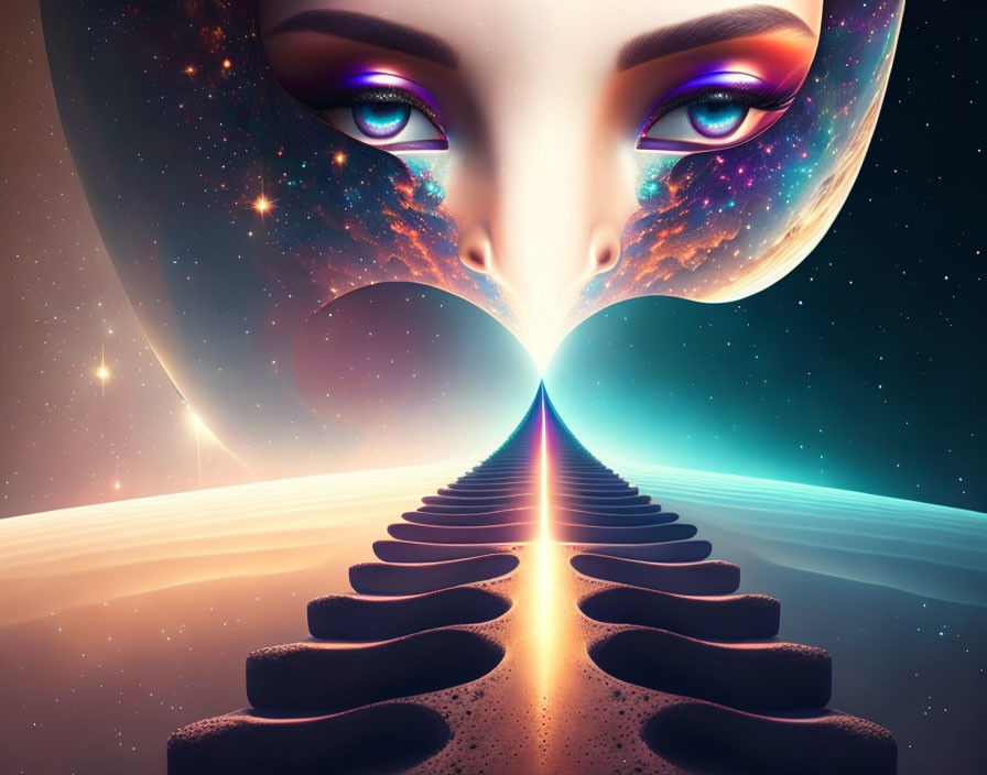 Surreal cosmic woman's face with stepping stone bridge under twilight sky