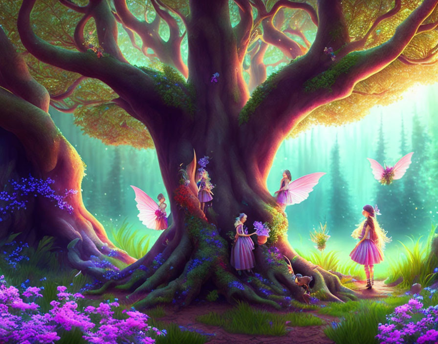 Illustration of fairies with iridescent wings in enchanted forest