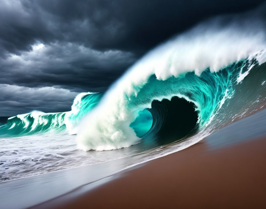 Dramatic emerald-green wave under storm clouds on sandy beach