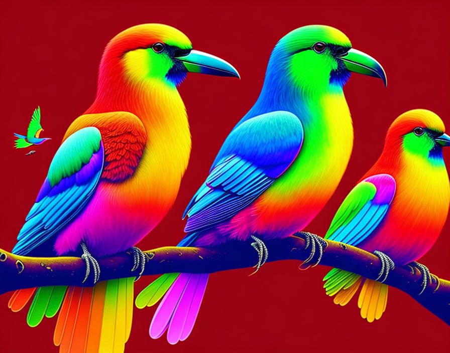 Colorful Bird Illustration with Branch and Red Background
