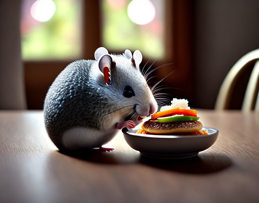 Gray Mouse Enjoying Miniature Cheeseburger on Table