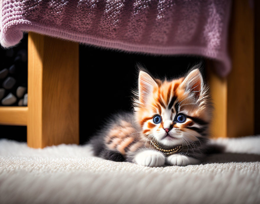 Tricolor kitten with blue collar under wooden stool on pink blanket