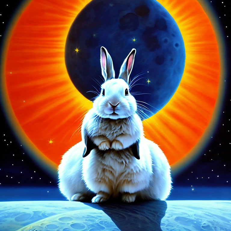 Illustration of white rabbit on celestial body with eclipsed sun and moon