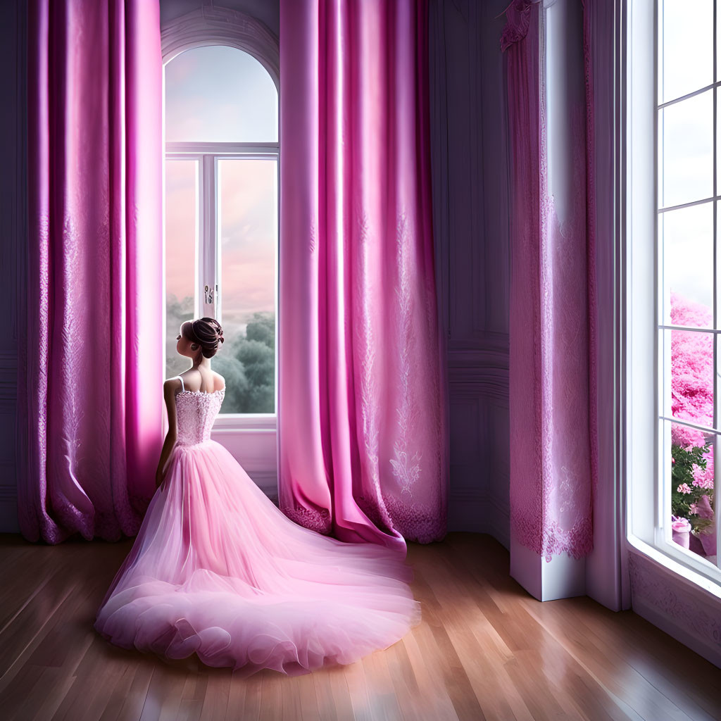 Woman in Pink Dress by Arched Window with Blooming Trees