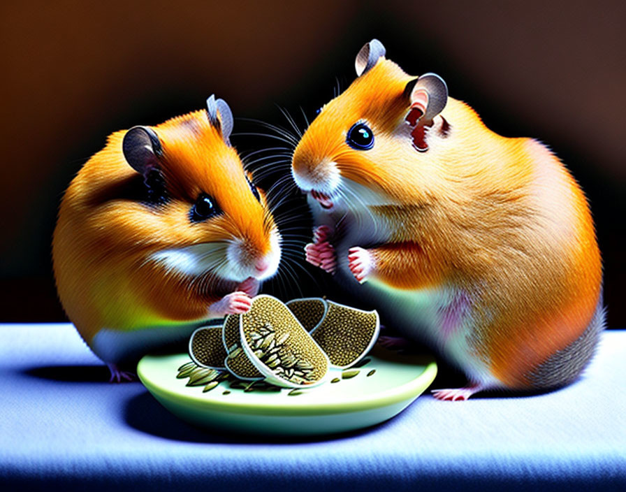 Orange and white hamsters eating kiwi on a green plate