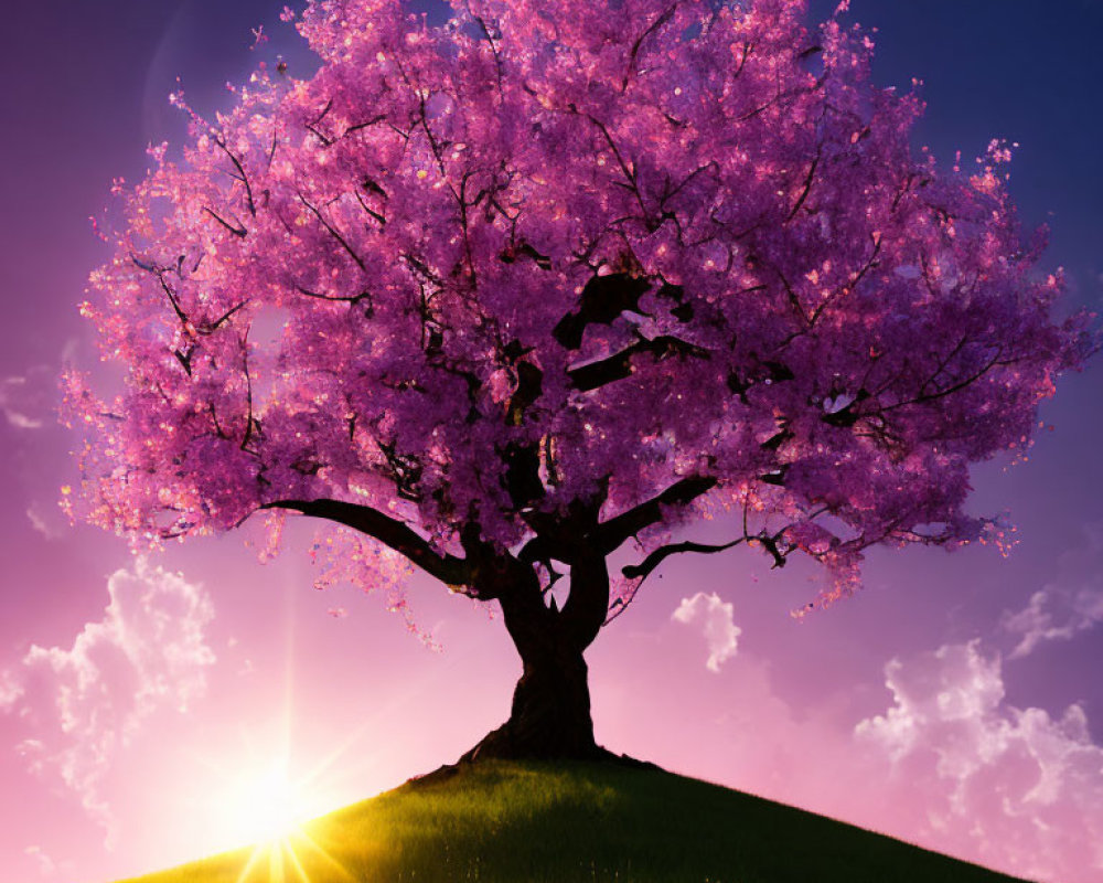 Vibrant cherry blossom tree on lush hill at sunset