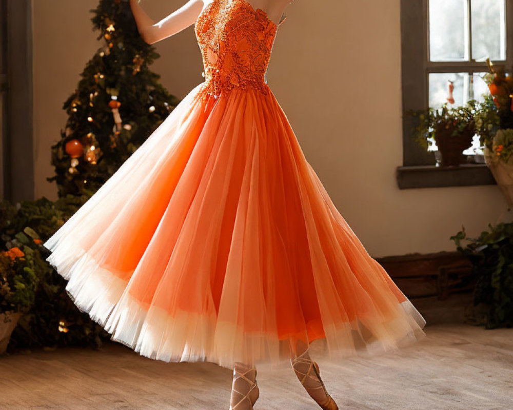 Person in ornate orange dress and ballet pointe shoes in festive room with Christmas tree and flowers