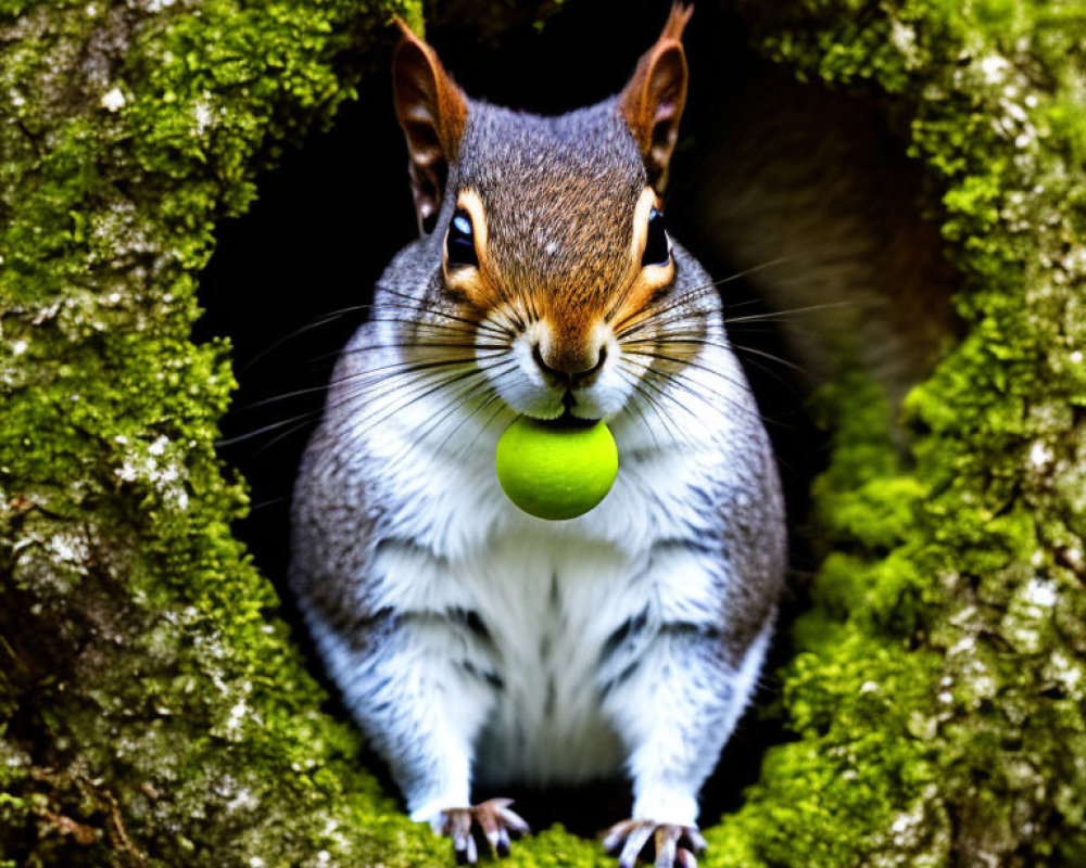 Squirrel with green nut in mouth in moss-covered tree hollow
