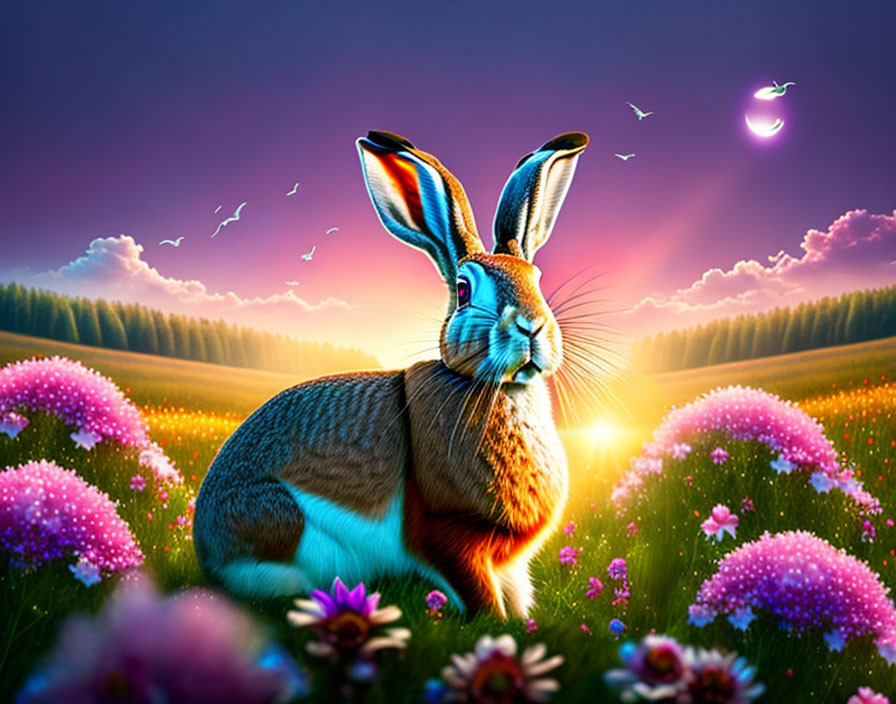 Colorful meadow scene with rabbit, flowers, sunset sky, crescent moon, and birds