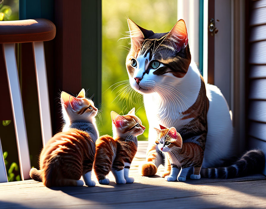 Adult Cat with Striking Markings and Three Adorable Kittens on Porch