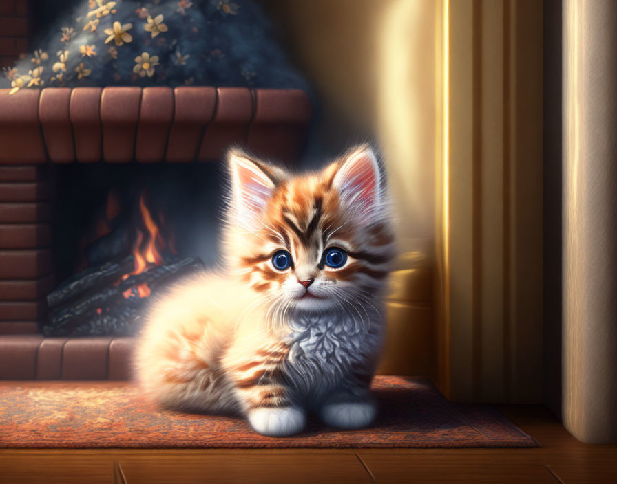 Adorable kitten with blue eyes by cozy fireplace and sunlight