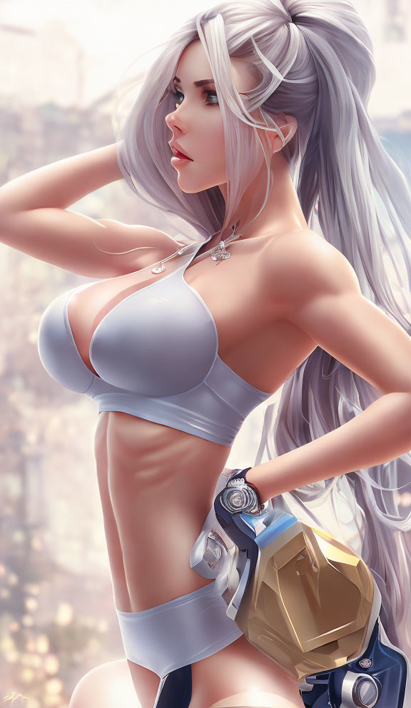 Illustrated female character with long white hair in futuristic attire against city backdrop