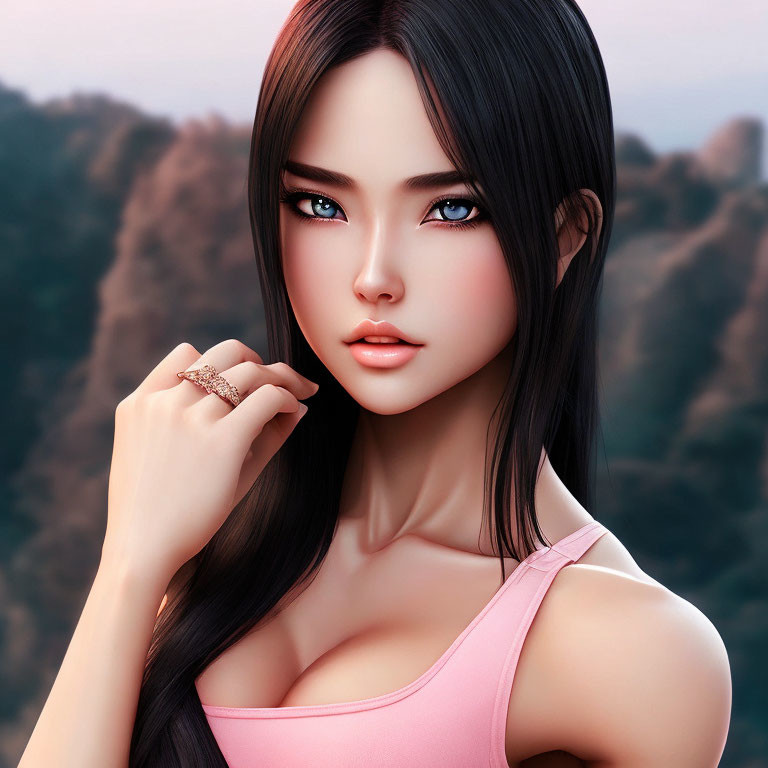 Digital artwork: Female with blue eyes, black hair, pink tank top, ring.