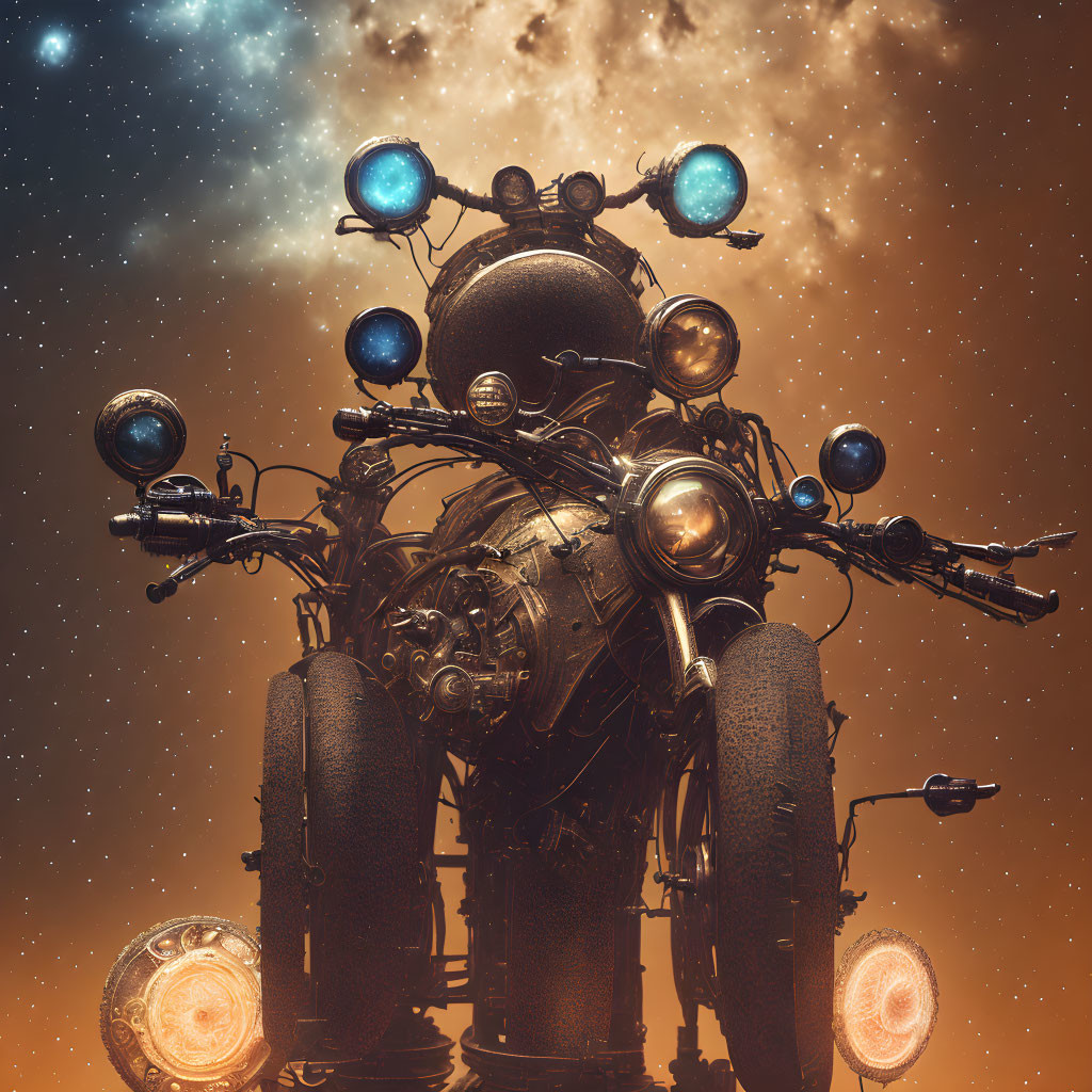 Mechanical contraption with glowing orbs in cosmic setting