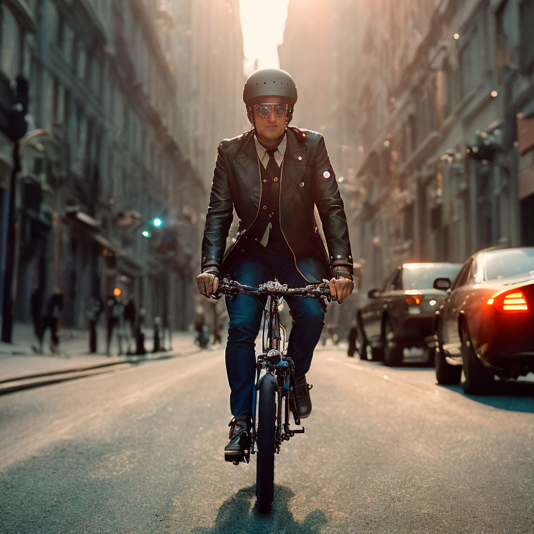 Bicyclist in leather jacket and helmet on urban street with cars and buildings in warm sunlight