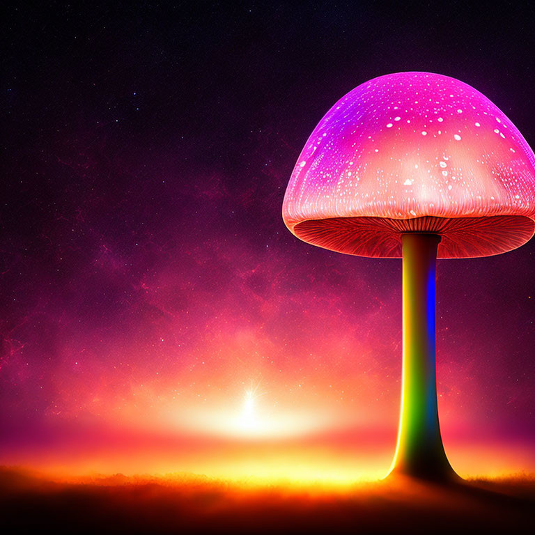 Colorful Glowing Mushroom in Cosmic Setting