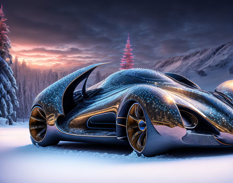 Futuristic aerodynamic car in snowy twilight landscape with Christmas tree