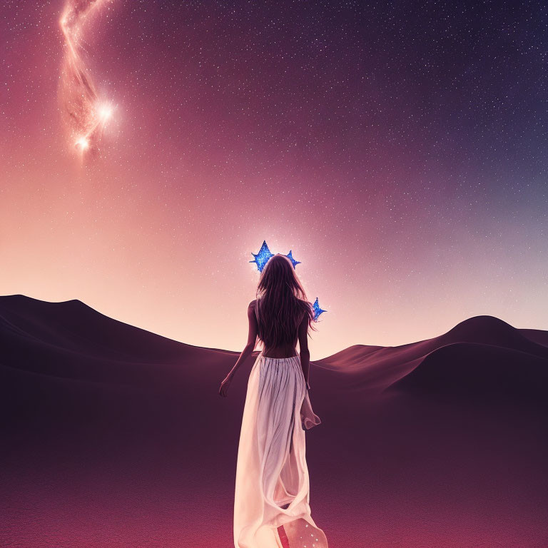 Woman in white dress with star-shaped balloon under starry desert sky