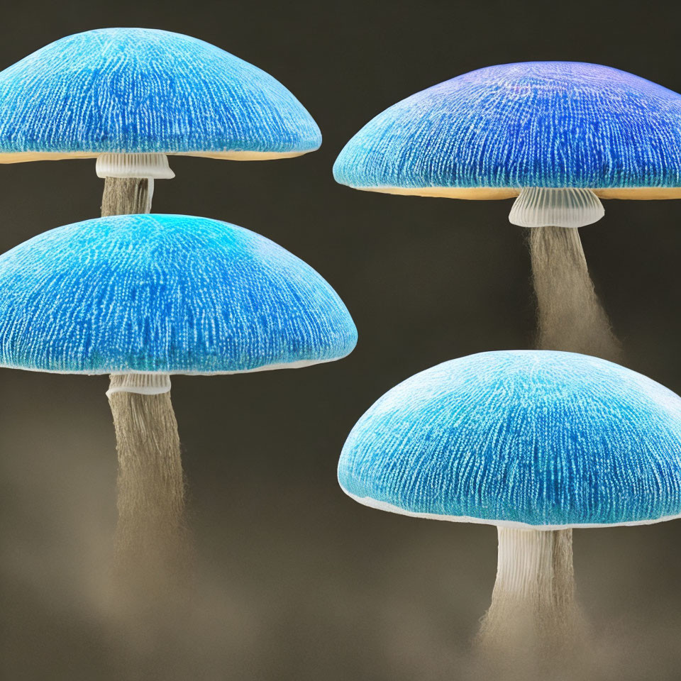 Vibrant Blue Mushrooms with White Stems on Dark Background