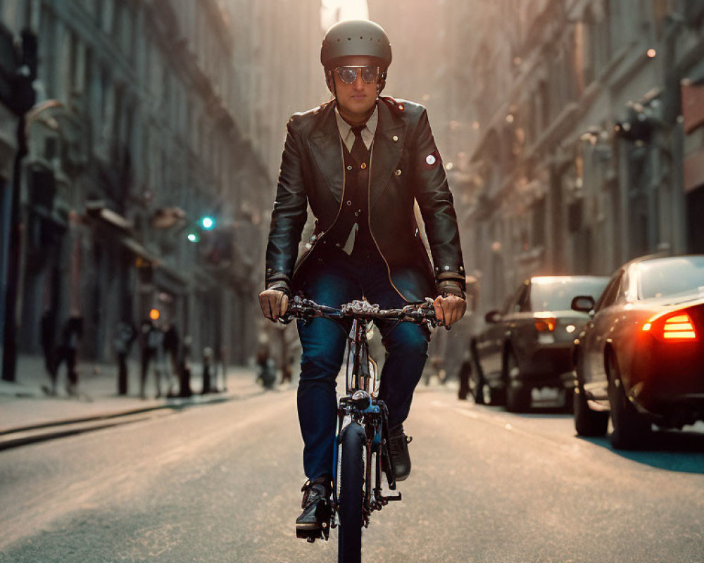 Bicyclist in leather jacket and helmet on urban street with cars and buildings in warm sunlight