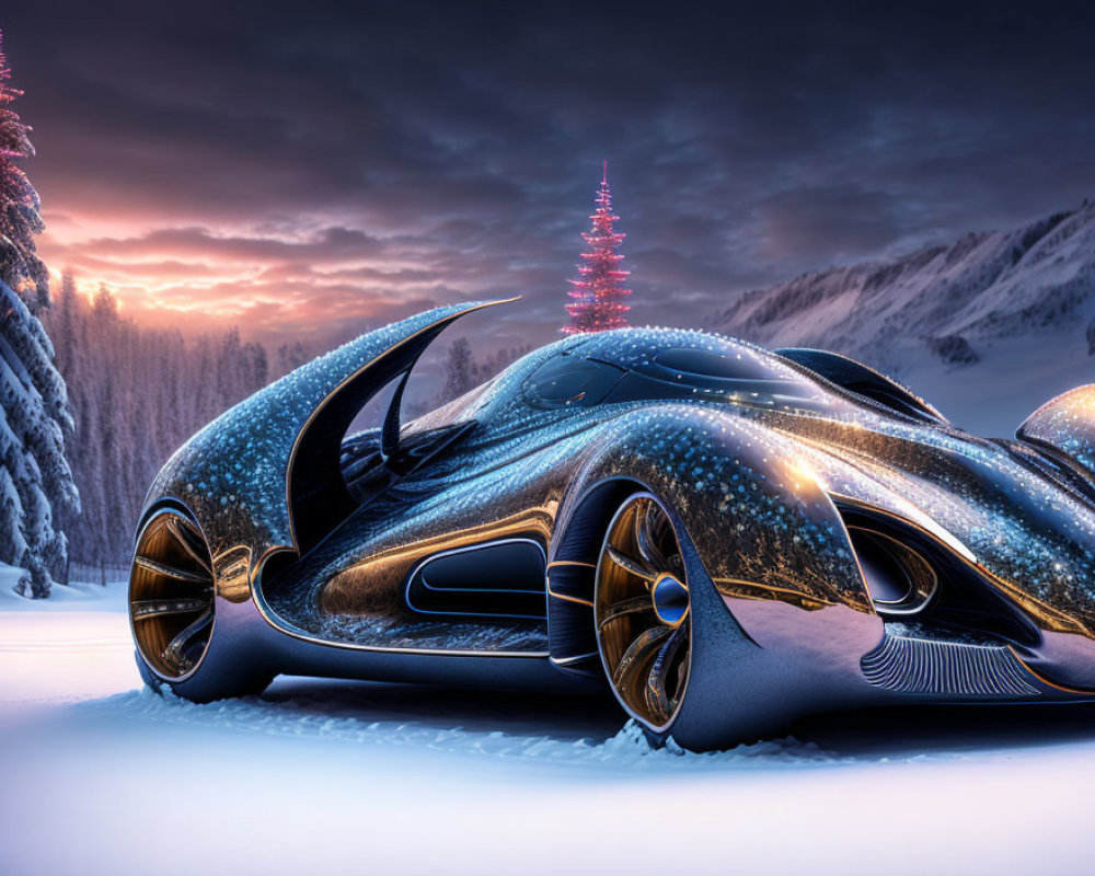 Futuristic aerodynamic car in snowy twilight landscape with Christmas tree