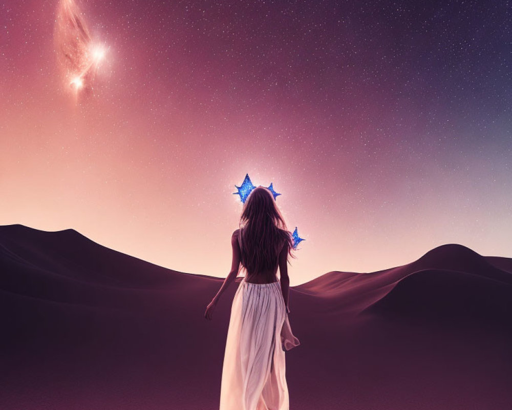 Woman in white dress with star-shaped balloon under starry desert sky