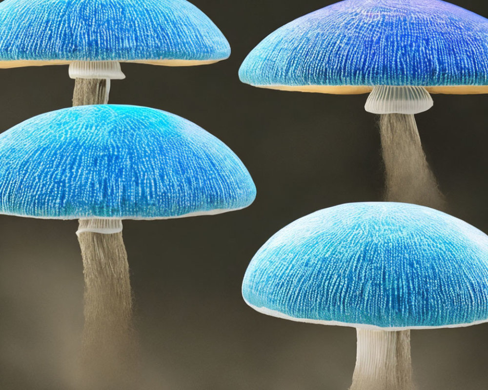 Vibrant Blue Mushrooms with White Stems on Dark Background