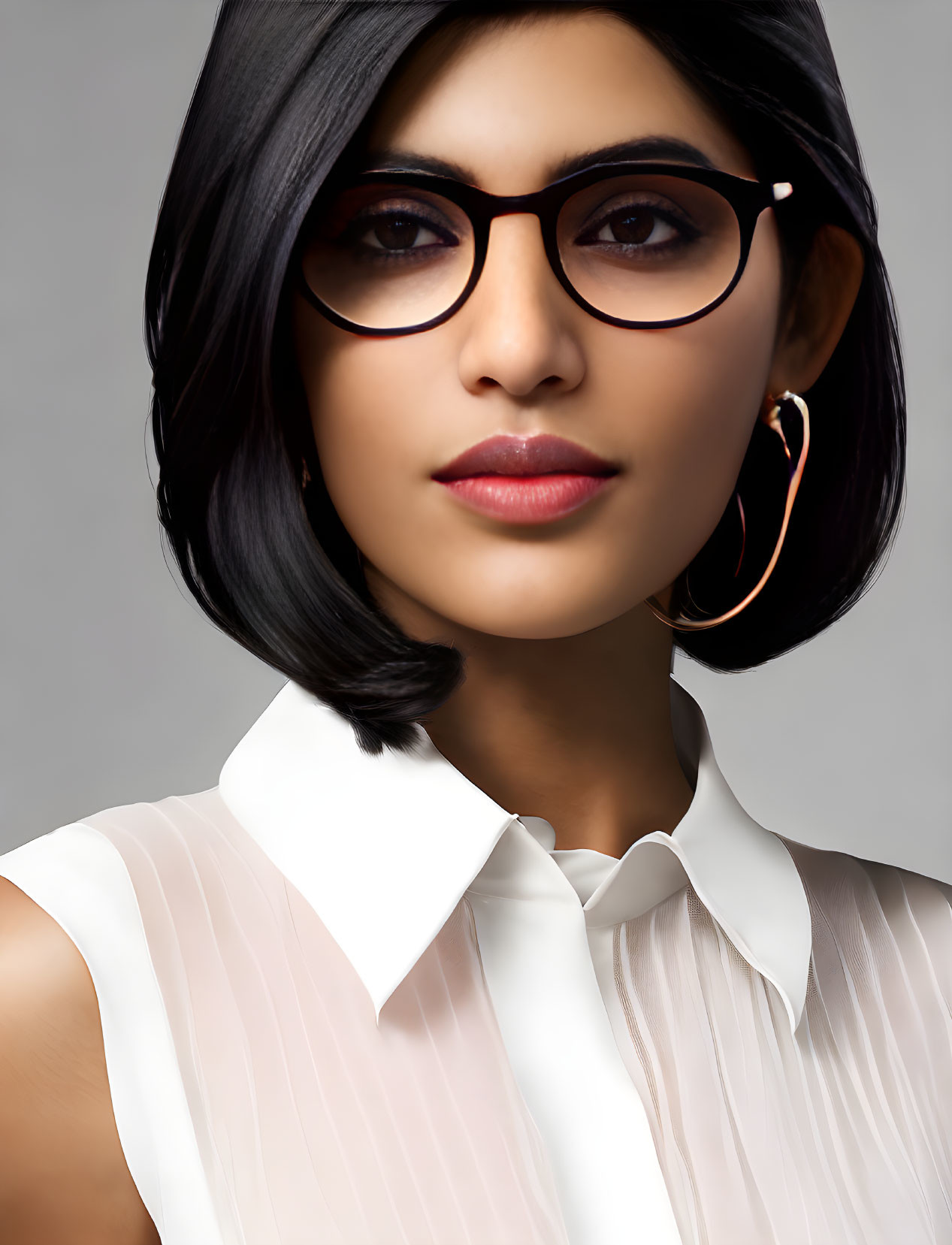 Woman with Bob-Cut Hair in Black Glasses and White Blouse