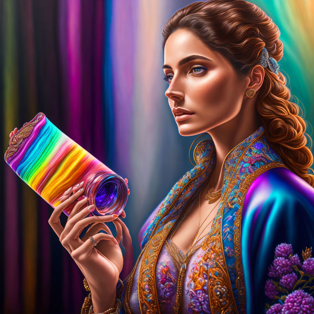 Detailed Makeup Woman Holding Colorful Glowing Scroll in Vibrant Light Background