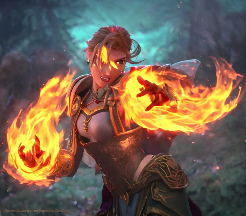 Short-haired animated character in armor conjures fire in mystical forest