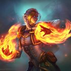 Short-haired animated character in armor conjures fire in mystical forest
