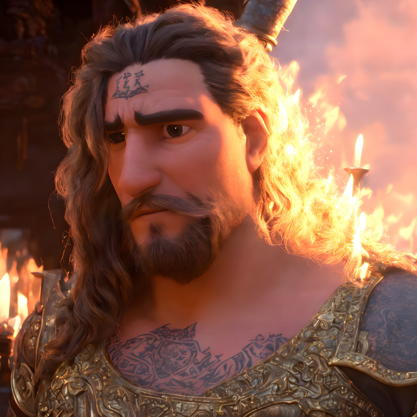 Animated character with marked forehead, long hair, armor, fiery backdrop